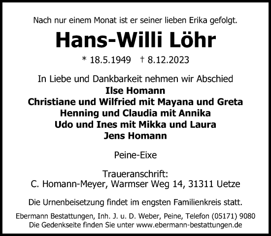 Traueranzeige von Hans-Willi Löhr von Peiner Allgemeine Zeitung