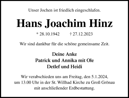 Traueranzeige von Hans Joachim Hinz von Lübecker Nachrichten
