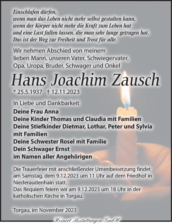 Traueranzeige von Hans Joachim Zausch von Torgauer Zeitung