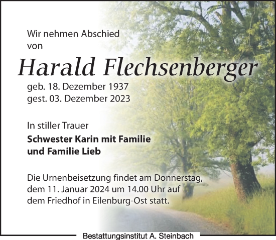 Traueranzeige von Harald Flechsenberger von Leipziger Volkszeitung