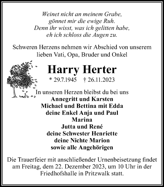 Traueranzeige von Harry Herter von Wochenspiegel