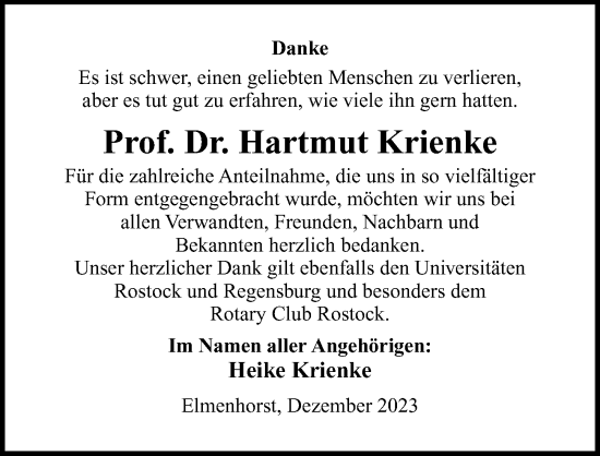 Traueranzeige von Hartmut Krienke von Ostsee-Zeitung GmbH