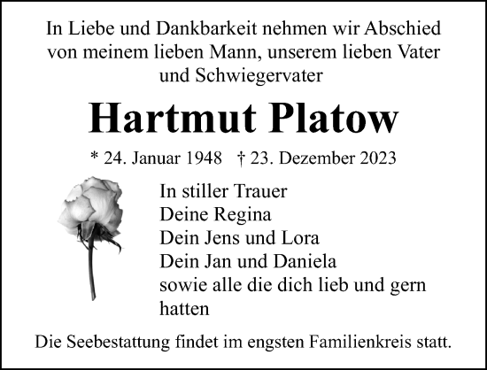 Traueranzeige von Hartmut Platow von Ostsee-Zeitung GmbH