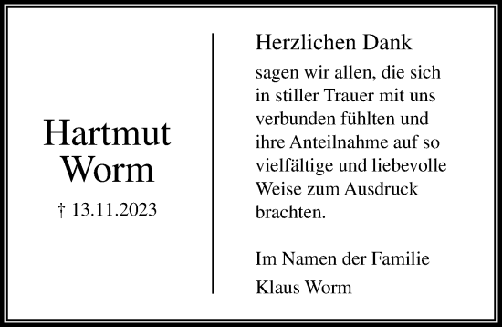 Traueranzeige von Hartmut Worm von Lübecker Nachrichten