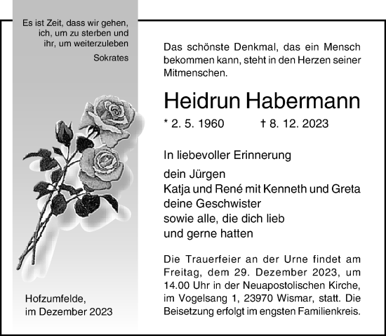 Traueranzeige von Heidrun Habermann von Ostsee-Zeitung GmbH