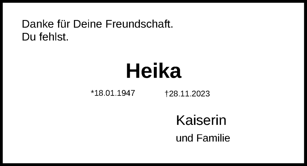  Traueranzeige für Heika  vom 02.12.2023 aus Kieler Nachrichten