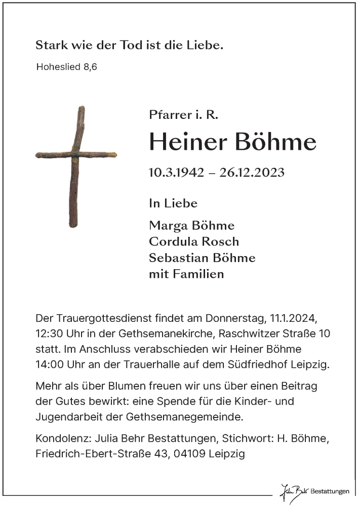  Traueranzeige für Heiner Böhme vom 30.12.2023 aus Leipziger Volkszeitung