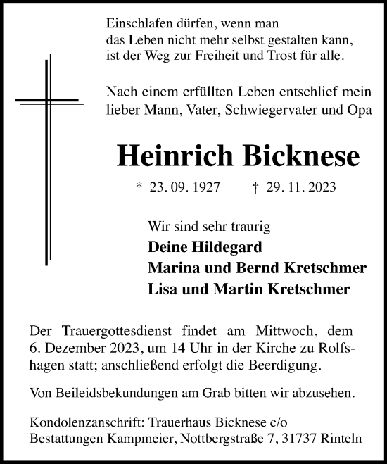 Traueranzeige von Heinrich Bicknese von Schaumburger Nachrichten und Schaumburger Zeitung/ Landes-Zeitung