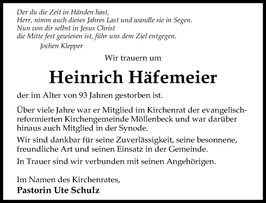 Traueranzeige von Heinrich Häfemeier von Schaumburger Zeitung/ Landes-Zeitung