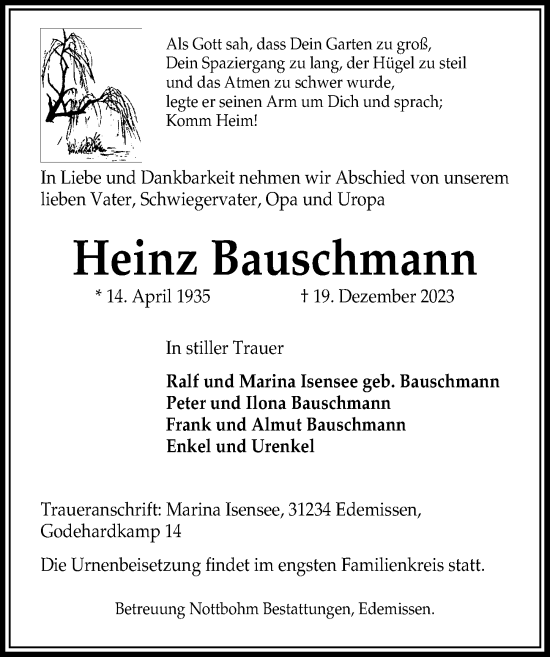 Traueranzeige von Heinz Bauschmann von Peiner Allgemeine Zeitung