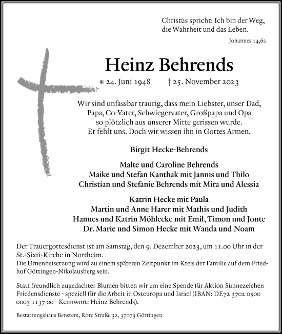 Traueranzeige von Heinz Behrends von Göttinger Tageblatt