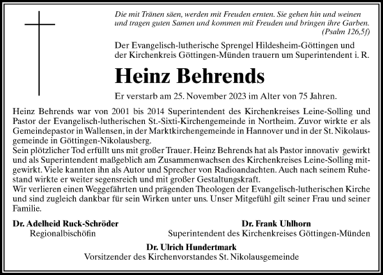 Traueranzeige von Heinz Behrends von Göttinger Tageblatt