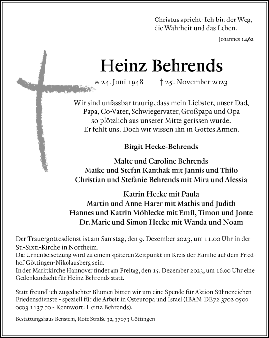 Traueranzeige von Heinz Behrends von Hannoversche Allgemeine Zeitung/Neue Presse