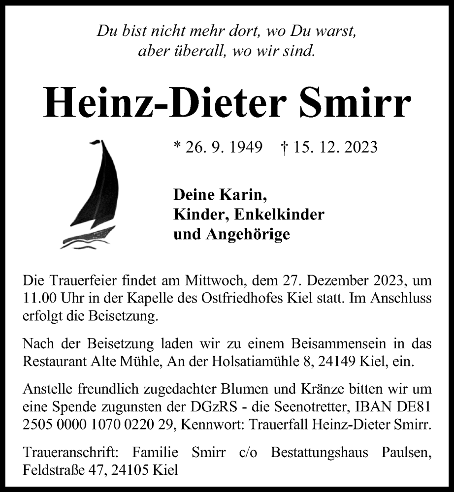  Traueranzeige für Heinz-Dieter Smirr vom 23.12.2023 aus Kieler Nachrichten