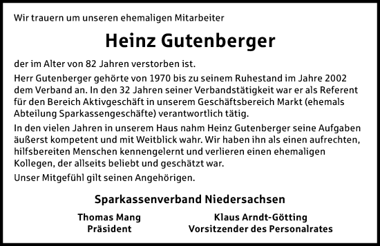 Traueranzeige von Heinz Gutenberger von Hannoversche Allgemeine Zeitung/Neue Presse