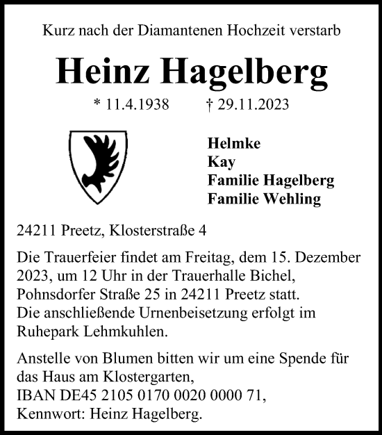 Traueranzeige von Heinz Hagelberg von Kieler Nachrichten