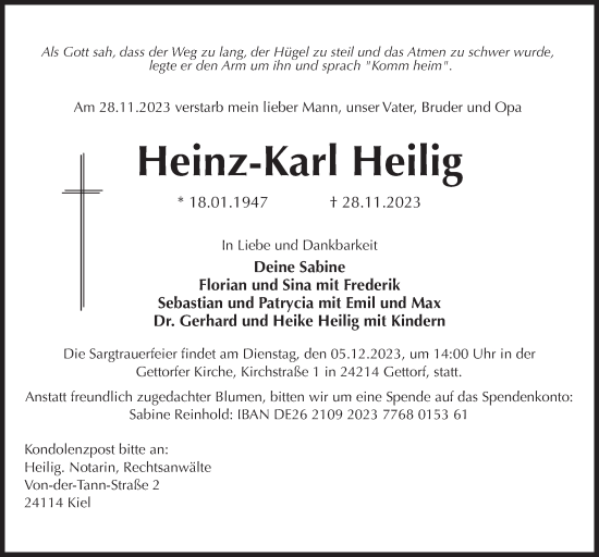 Traueranzeige von Heinz-Karl Heilig von Kieler Nachrichten
