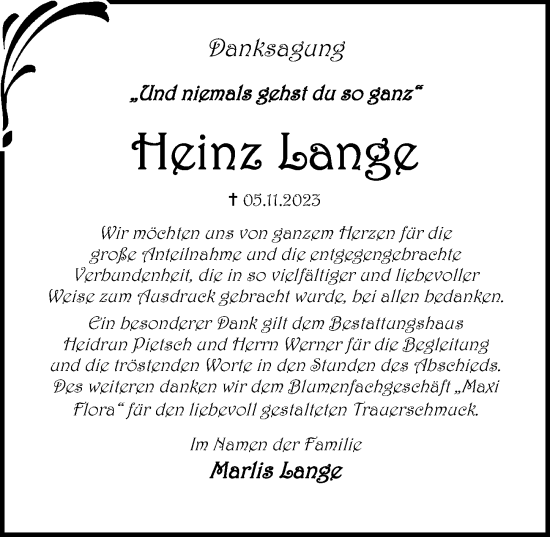 Traueranzeige von Heinz Lange von Ostsee-Zeitung GmbH