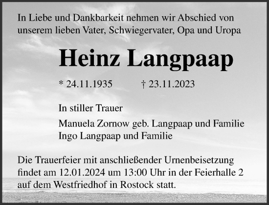 Traueranzeige von Heinz Langpaap von Ostsee-Zeitung GmbH