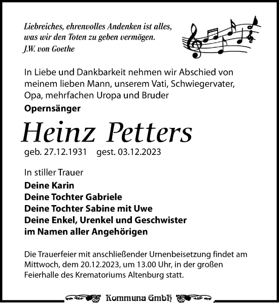 Traueranzeige von Heinz Petters von Leipziger Volkszeitung
