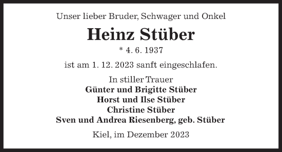 Traueranzeige von Heinz Stüber von Kieler Nachrichten