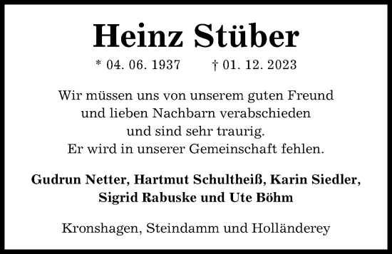 Traueranzeige von Heinz Stüber von Kieler Nachrichten