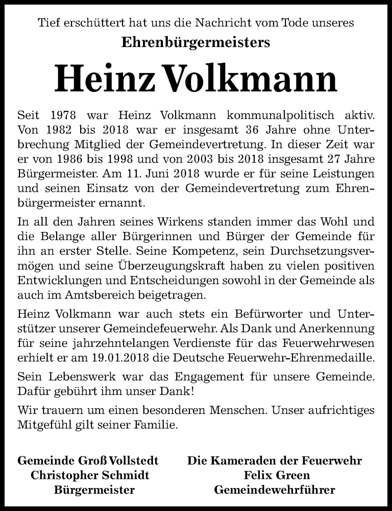  Traueranzeige für Heinz Volkmann vom 06.12.2023 aus Kieler Nachrichten