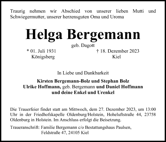 Traueranzeige von Helga Bergemann von Kieler Nachrichten