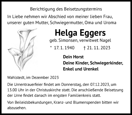 Traueranzeige von Helga Eggers von Kieler Nachrichten