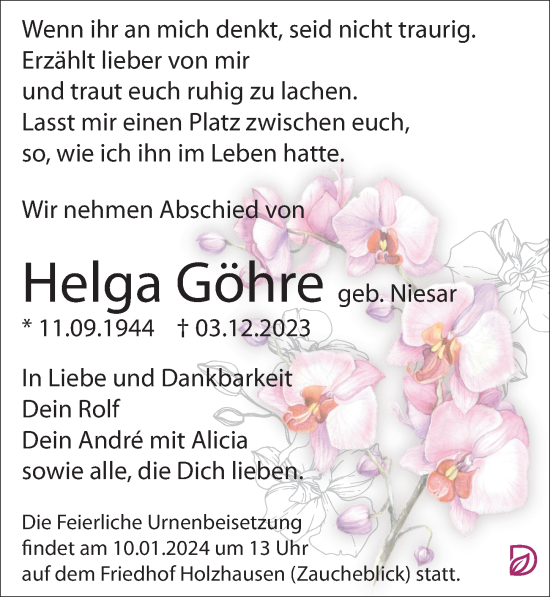Traueranzeige von Helga Göhre von Leipziger Volkszeitung
