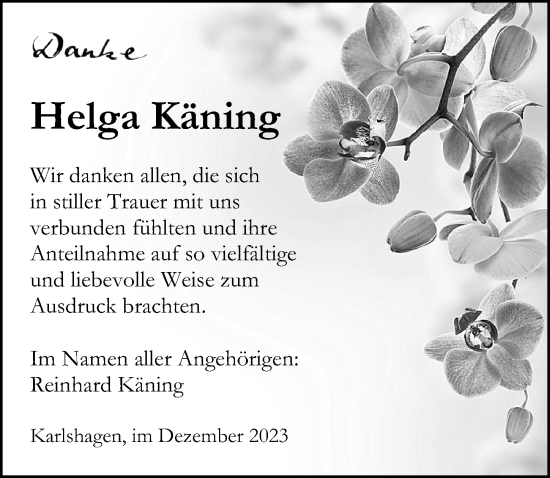 Traueranzeige von Helga Käning von Ostsee-Zeitung GmbH
