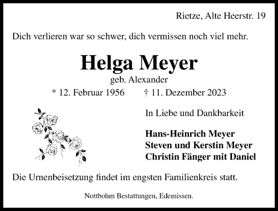 Traueranzeige von Helga Meyer von Peiner Allgemeine Zeitung
