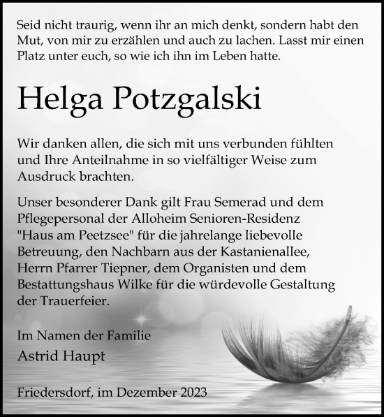 Traueranzeige von Helga Potzgalski von Märkischen Allgemeine Zeitung