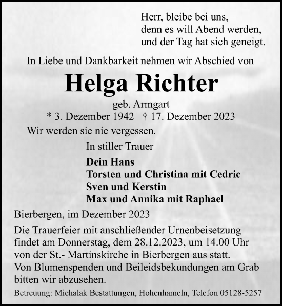 Traueranzeige von Helga Richter von Peiner Allgemeine Zeitung