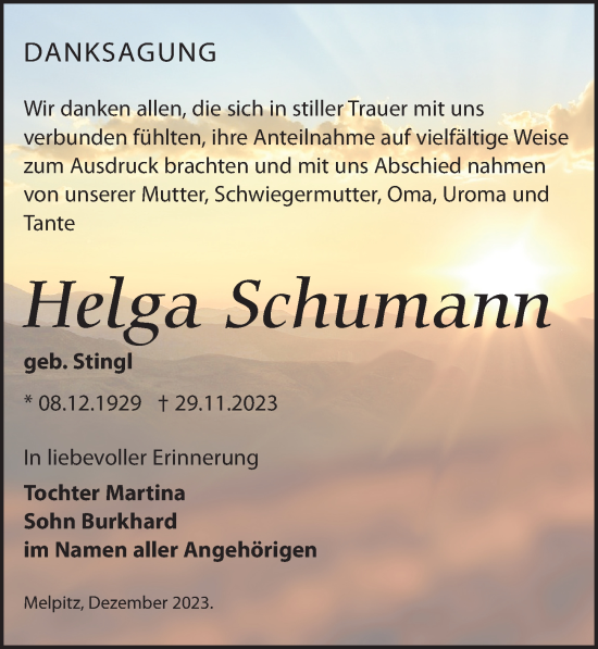 Traueranzeige von Helga Schumann von Torgauer Zeitung
