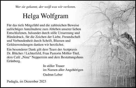 Traueranzeige von Helga Wolfgram von Ostsee-Zeitung GmbH