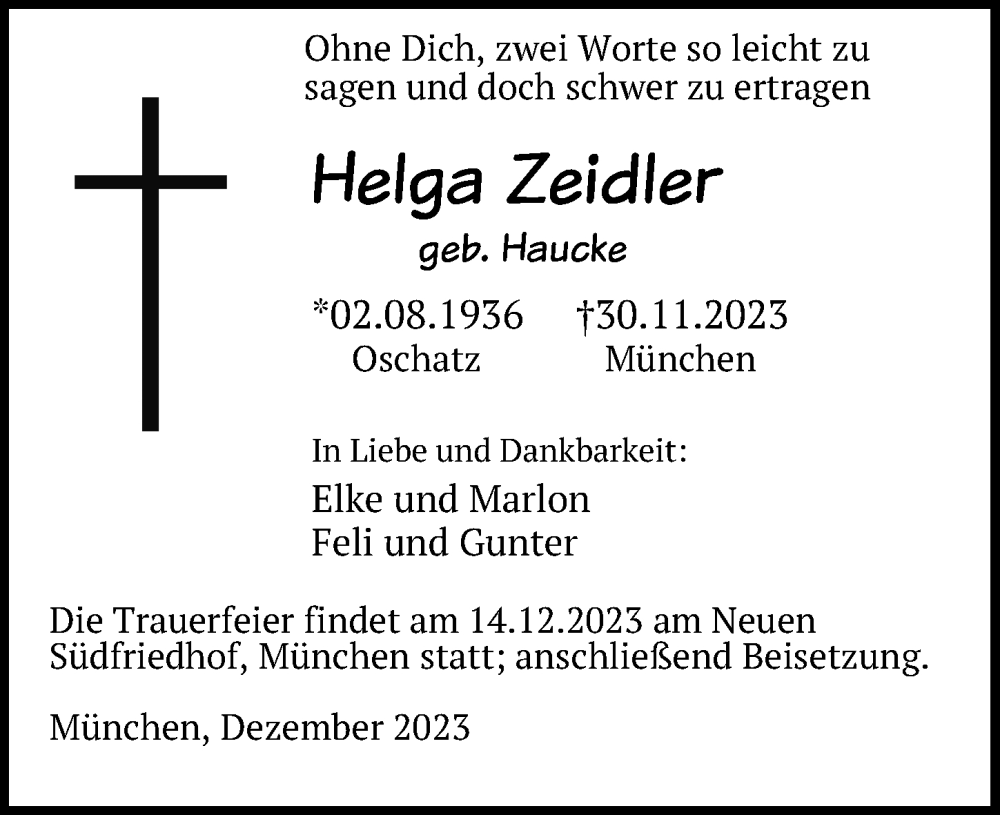  Traueranzeige für Helga Zeidler vom 09.12.2023 aus Leipziger Volkszeitung
