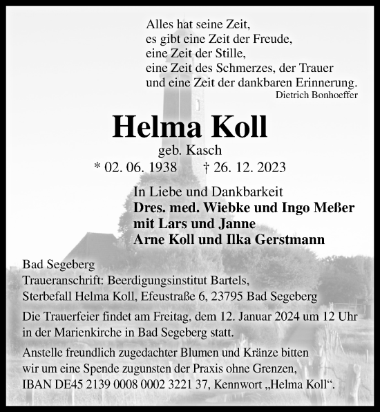 Traueranzeige von Helma Koll von Kieler Nachrichten