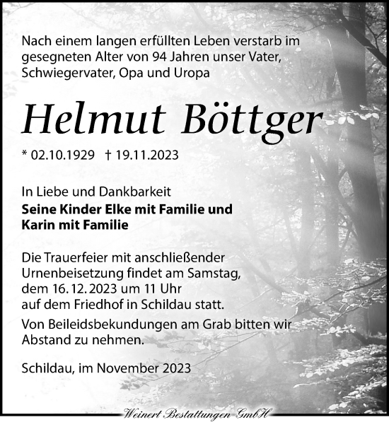 Traueranzeige von Helmut Böttger von Torgauer Zeitung