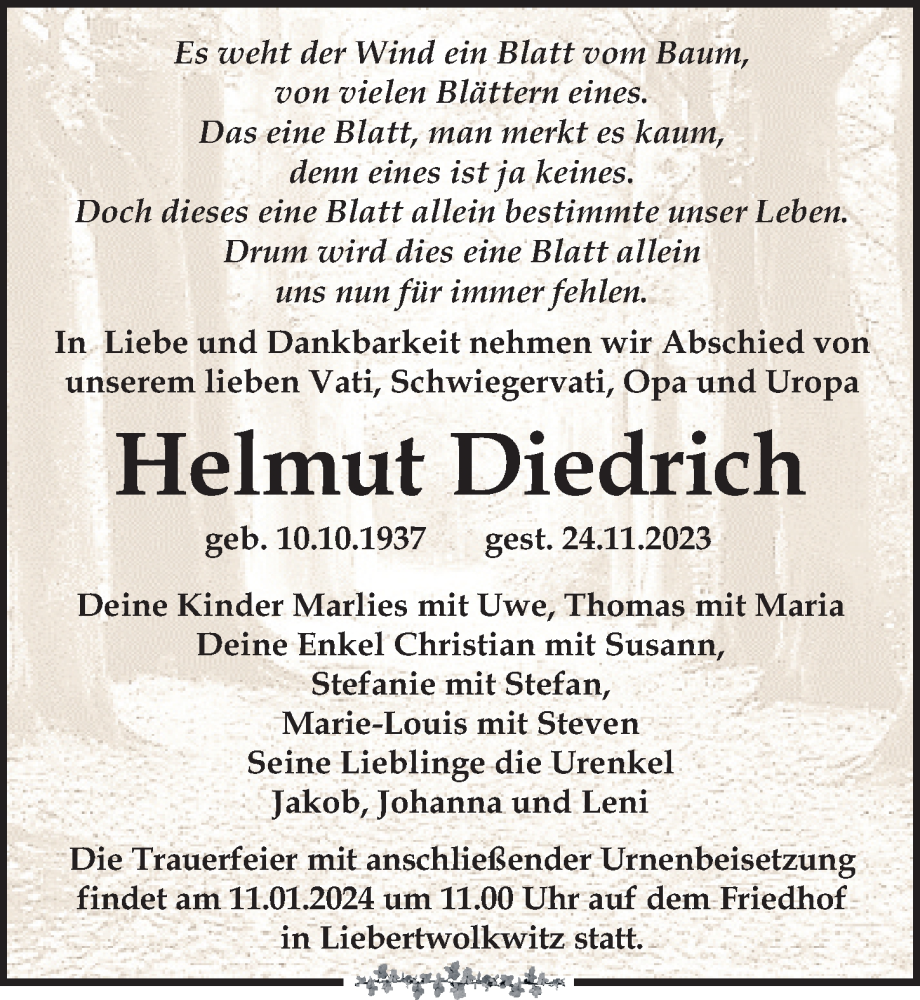  Traueranzeige für Helmut Diedrich vom 16.12.2023 aus Leipziger Volkszeitung