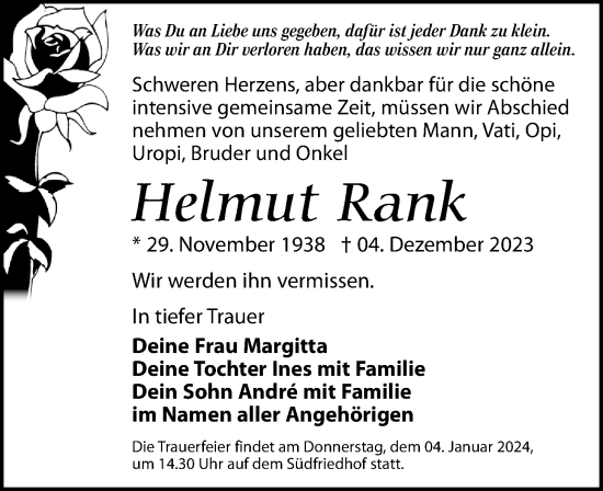 Traueranzeige von Helmut Rank von Leipziger Volkszeitung