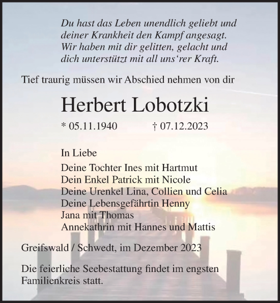 Traueranzeige von Herbert Lobotzki von Ostsee-Zeitung GmbH