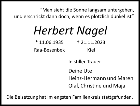 Traueranzeige von Herbert Nagel von Kieler Nachrichten