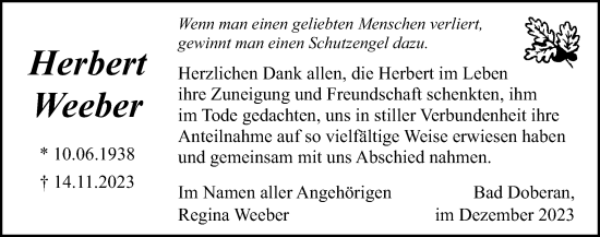 Traueranzeige von Herbert Weeber von Ostsee-Zeitung GmbH