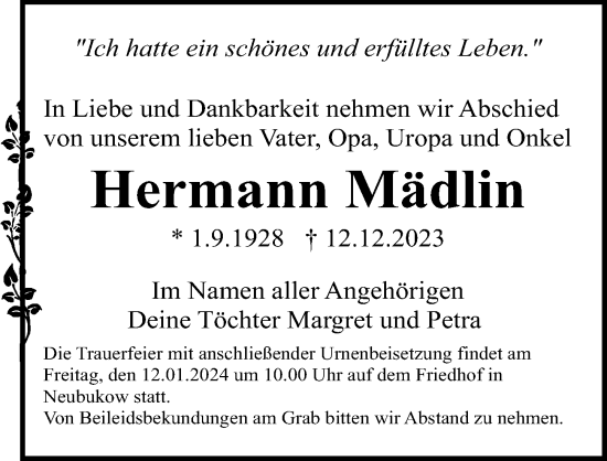 Traueranzeige von Hermann Mädlin von Ostsee-Zeitung GmbH