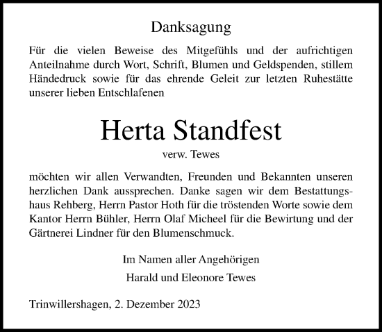 Traueranzeige von Herta Standfest von Ostsee-Zeitung GmbH