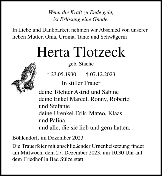 Traueranzeige von Herta Tlotzeck von Ostsee-Zeitung GmbH