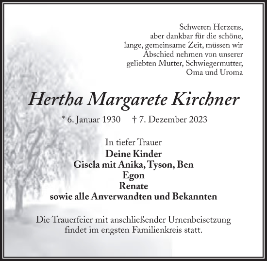 Traueranzeige von Hertha Margarete Kirchner von Wochenspiegel