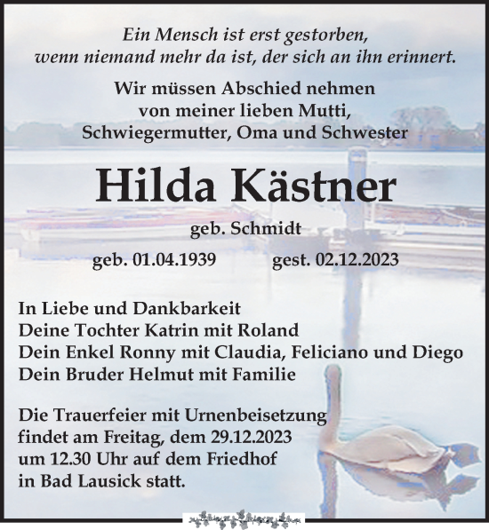 Traueranzeige von Hilda Kästner von Leipziger Volkszeitung