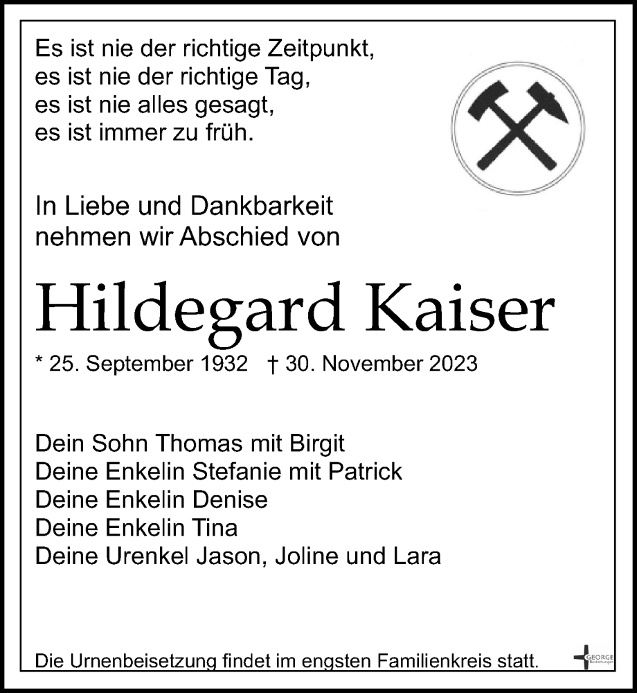  Traueranzeige für Hildegard Kaiser vom 30.12.2023 aus Leipziger Volkszeitung